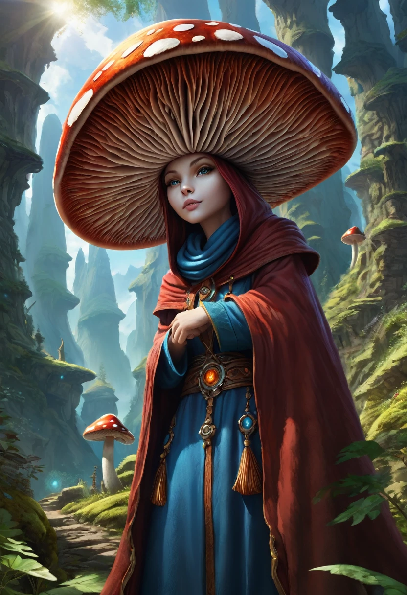 Anthropomorphic mushroom mage. Official Art – Charecter profile. An Award-Winning Digital Masterpiece In 4K Ultra HD, Extreme Detail And Intricate Realism. Symmetrical Face. This Concept Art Brought To Life By The Hands Of Artists Like Wlop & Artgerm In A Stunning 2D Vector Illustration.Background Is A Panoramic Vista.