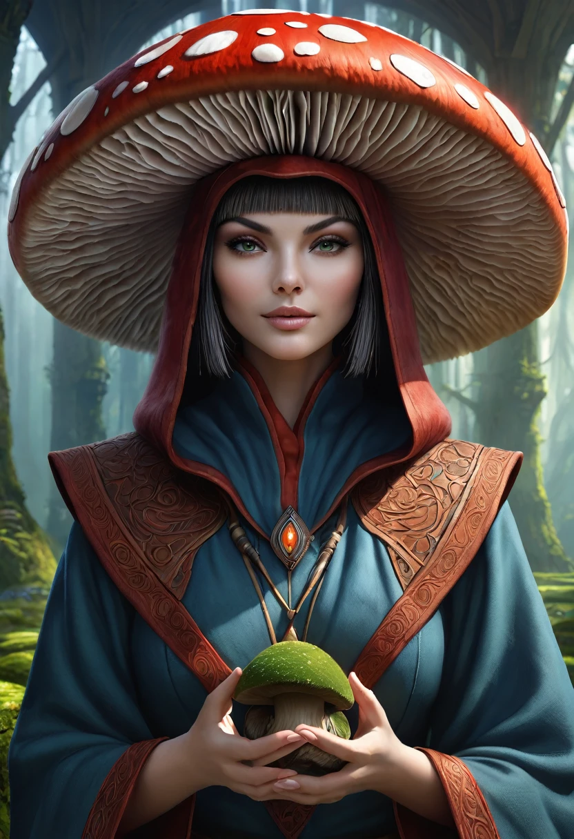 Anthropomorphic mushroom mage. Official Art – Charecter profile. An Award-Winning Digital Masterpiece In 4K Ultra HD, Extreme Detail And Intricate Realism. Symmetrical Face. This Concept Art Brought To Life By The Hands Of Artists Like Wlop & Artgerm In A Stunning 2D Vector Illustration.Background Is A Panoramic Vista.
