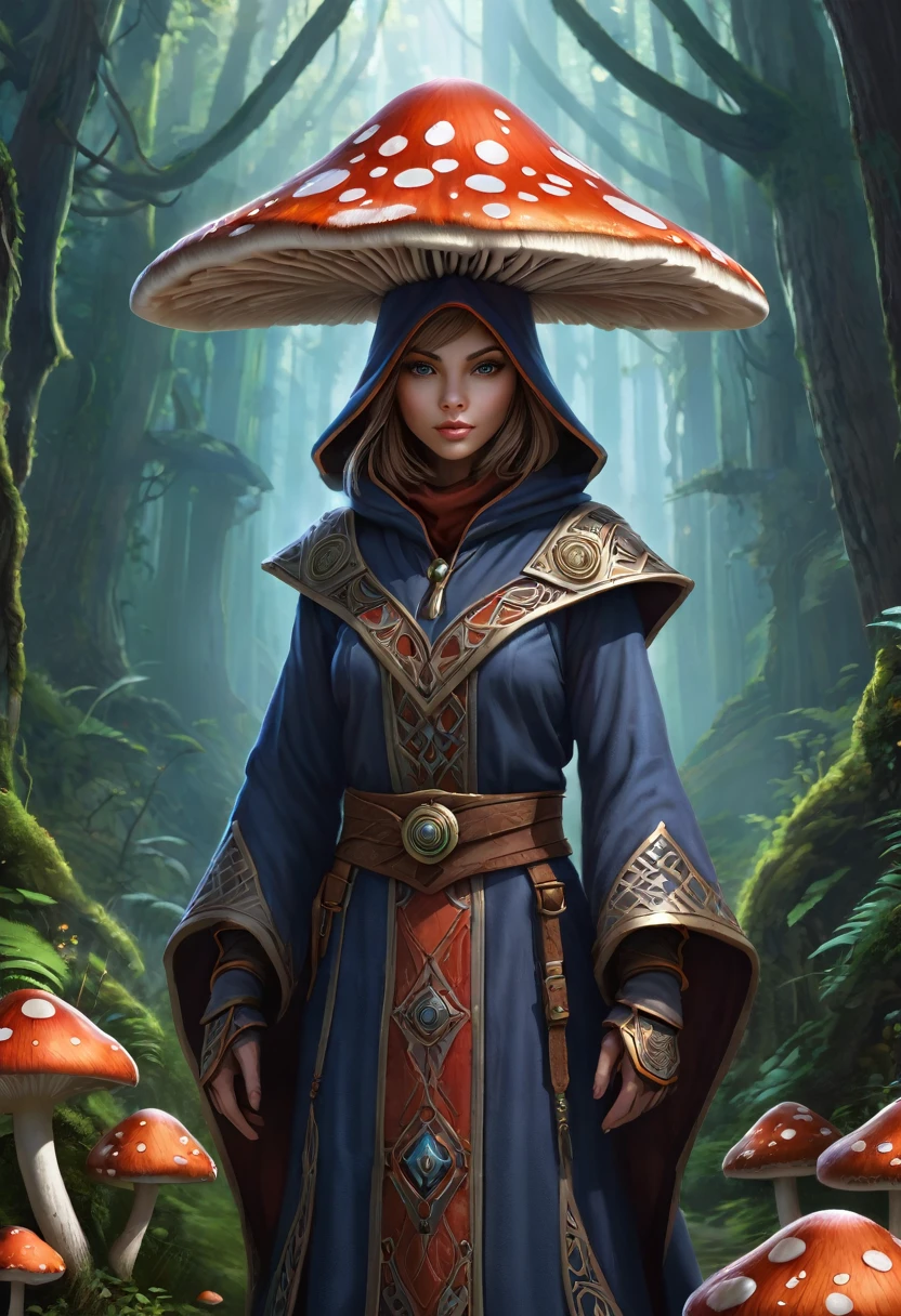 Anthropomorphic mushroom mage. Official Art – Charecter profile. An Award-Winning Digital Masterpiece In 4K Ultra HD, Extreme Detail And Intricate Realism. Symmetrical Face. This Concept Art Brought To Life By The Hands Of Artists Like Wlop & Artgerm In A Stunning 2D Vector Illustration.Background Is A Panoramic Vista.