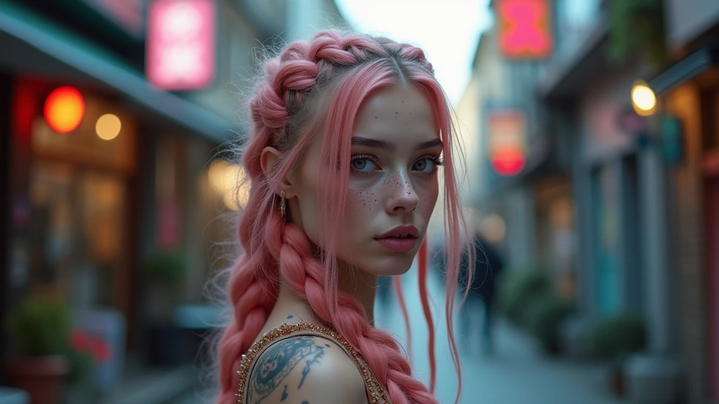 (Realisttic:1.2), analog photo style, Beautiful young woman, posing, with freckles and long pink hair braided, (cyberpunk dark fantasy atmosphere), soft natural light, cute and sexy, great quality, Masterpiece, detailed strange background, better performance, 16k quality, RAW photo, in a street, cyberpunk street