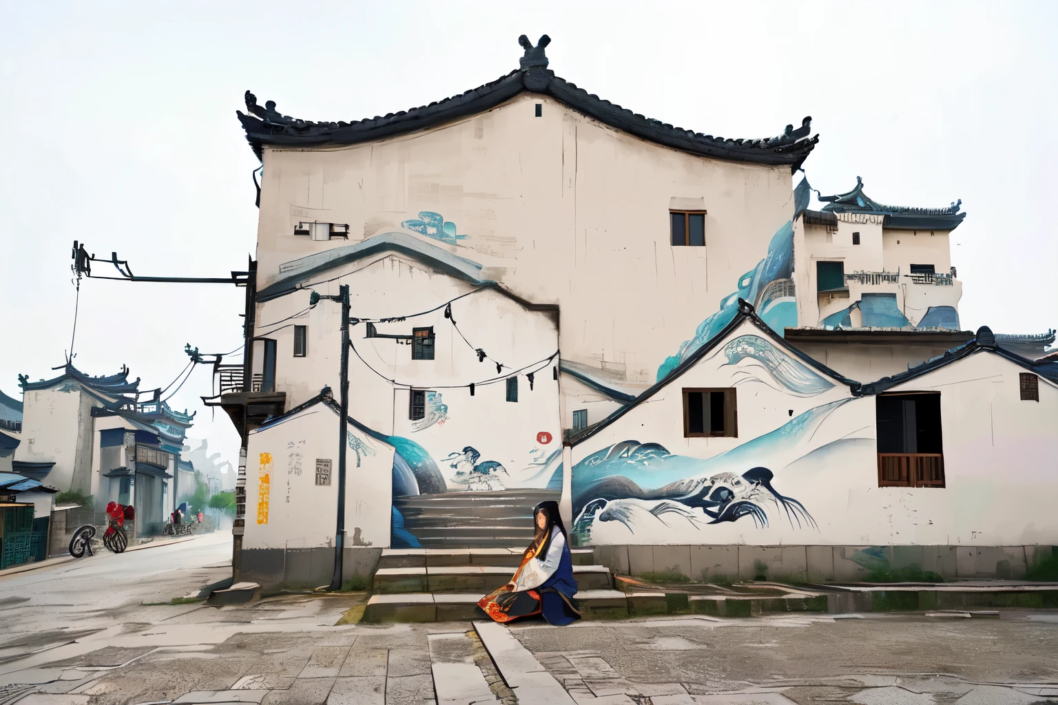 A woman is sitting on the steps of a building, Painted on huge walls, zhouzhuang ancient town, mural, mural艺术, In line with ancient Chinese aesthetics, Inspired by Tang Yifen, China Village, Chinese Artists, Dreamy Chinatown, 复杂的mural, Baishi Ancient City,