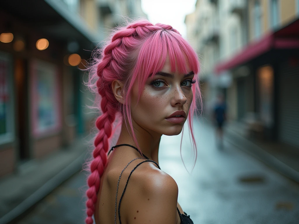 (Realisttic:1.2), analog photo style, Beautiful young woman, posing, with freckles and long pink hair braided, (cyberpunk dark fantasy atmosphere), soft natural light, cute and sexy, great quality, Masterpiece, detailed strange background, better performance, 16k quality, RAW photo, in a street, cyberpunk street