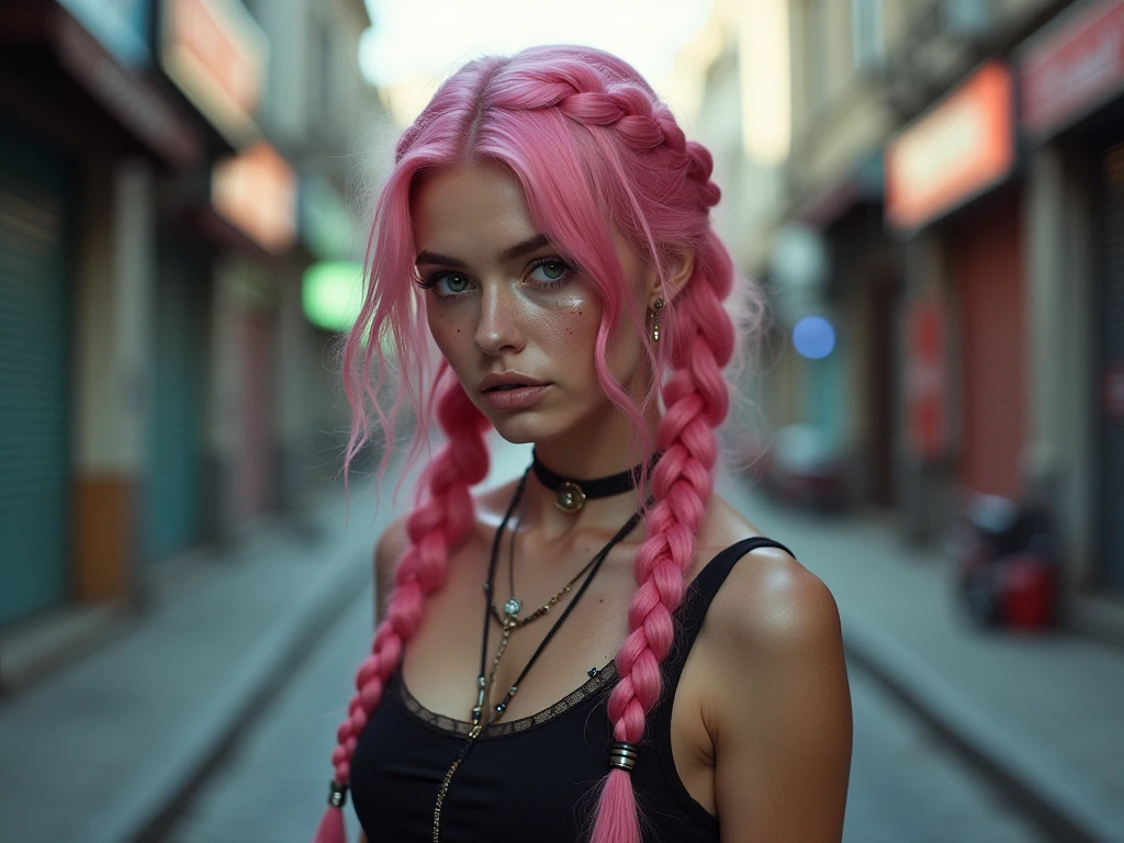 (Realisttic:1.2), analog photo style, Beautiful young woman, posing, with freckles and long pink hair braided, (cyberpunk dark fantasy atmosphere), soft natural light, cute and sexy, great quality, Masterpiece, detailed strange background, better performance, 16k quality, RAW photo, in a street, cyberpunk street