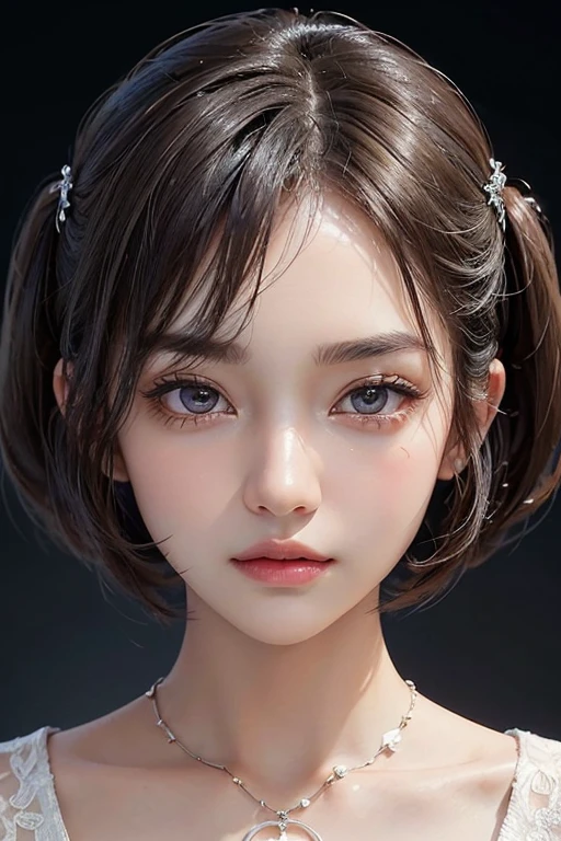 high resolution portrait。((Symmetrical and rounded facial features))、Have clear, smooth skin and a radiant complexion。(The facial features are well defined、High cheekbones、Straight nose、Characterized by plump lips。The eyes are large and expressive、Have long, thick eyelashes and perfectly groomed eyebrows)。((Her hairstyle is a pixie cut with volume on top.、It has the effect of making your face look longer vertically.))。The background is simple and elegant.、The focus is on her face.。The lighting is soft and inviting、Enhance her features、It gives a fresh impression。
