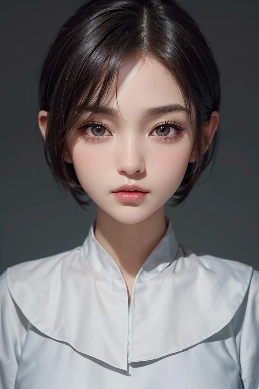 high resolution portrait。((Symmetrical and rounded facial features))、Have clear, smooth skin and a radiant complexion。(The facial features are well defined、High cheekbones、Straight nose、Characterized by plump lips。The eyes are large and expressive、Have long, thick eyelashes and perfectly groomed eyebrows)。((Her hairstyle is a pixie cut with volume on top.、It has the effect of making your face look longer vertically.))。The background is simple and elegant.、The focus is on her face.。The lighting is soft and inviting、Enhance her features、It gives a fresh impression。