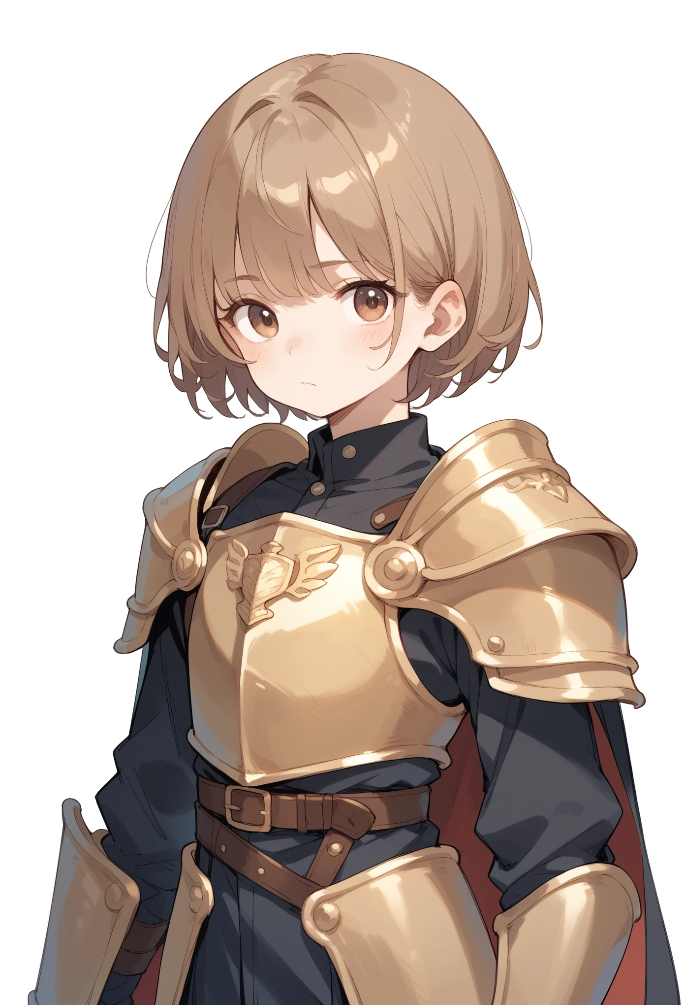 Leather armor、A small circular shield in the left hand、rapier in right hand、pale brown hair、Monastic uniform、White background、Character portrait、whole body,Deformation
