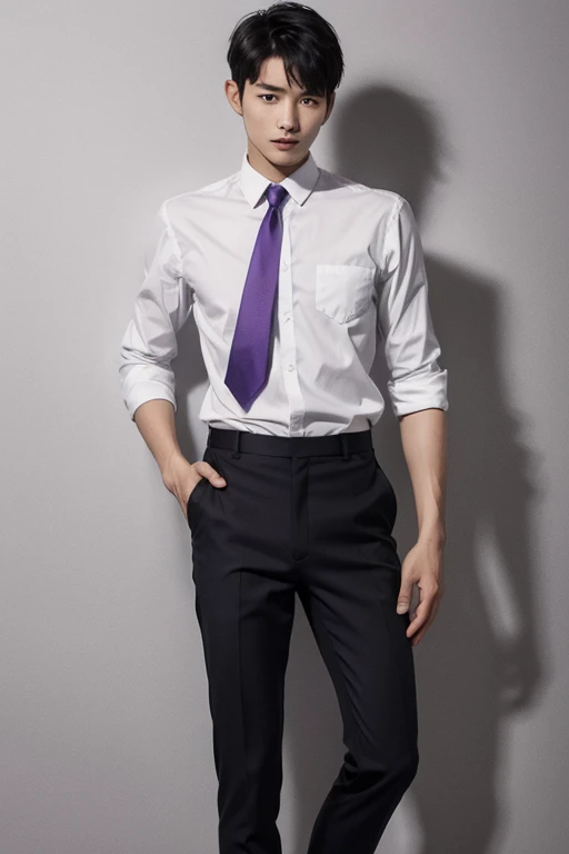 solo , 1man , thai man Short hair , white shirt with collar , purple necktie , black Long pants , Standing photograph from the knees up