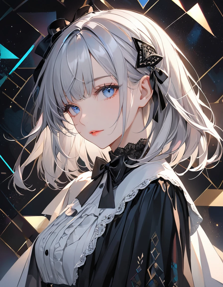 (digital art:0.5),(geometric art:1.7),(top-quality),(masterpiece),Delicately drawn face,girl with a pretty face,beautiful detailed blue eyes,Gothic ta Fashion,((Black and white costume)),(Beautiful silky silver hair:1.2),black ribbon hair ornament,Film Lighting,abstract,a beautiful artistic illustration,geometric background