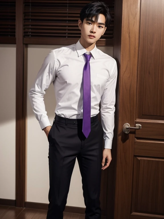 solo , 1man , thai man Short hair , white shirt with collar , purple necktie , black Long pants , Standing photograph from the knees up