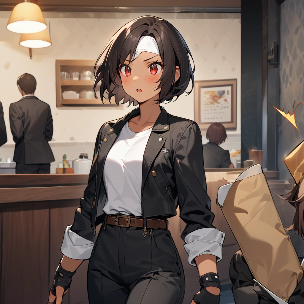 single,woman,Short Hair,Dark skin,Red Eyes,Black jacket（Roll up your sleeves）,Fingerless gloves,White T-shirt、（White headband on forehead）,Black pants,White shoes,Brown belt,cute,Indoor person,Charming,Masterpiece,High quality,Narrow Face,Details,Being called out by a friend,Surprised expression,Dining with friends at a restaurant,busy