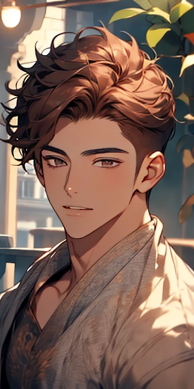 handsome 24 years old boy with brown curly hair and small lips long nose