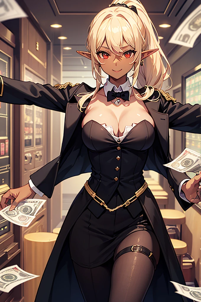 Beautiful images,Detailed Images,Official image,Casino Background,One Woman,Blonde,Red Eyes,Ponytail Hair,Model body type,(Dark Skin:1.3),Elf Ears,Large Breasts,Spread your arms,(Black tailcoat:1.3),Smile small,Fluttering banknotes and gold coins
