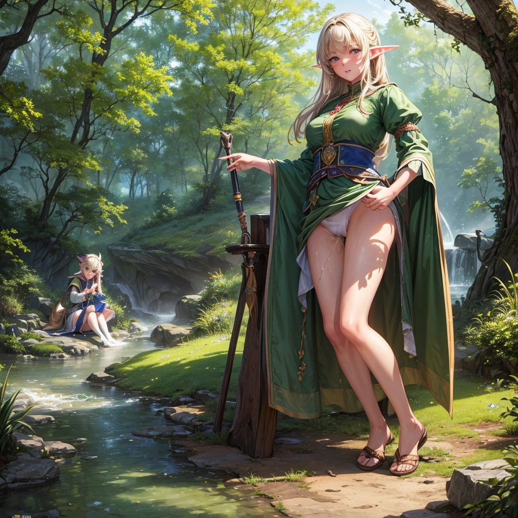 ((masterpiece,Highest quality;1.3,best illustration,realistic)), elf girls, 25 years old, blushing, mouths open in arousal, (incontinence, peeing:1.4) pee stains, unexpected urination , wet panties, show your panties, ensemble in the forest, campfire.