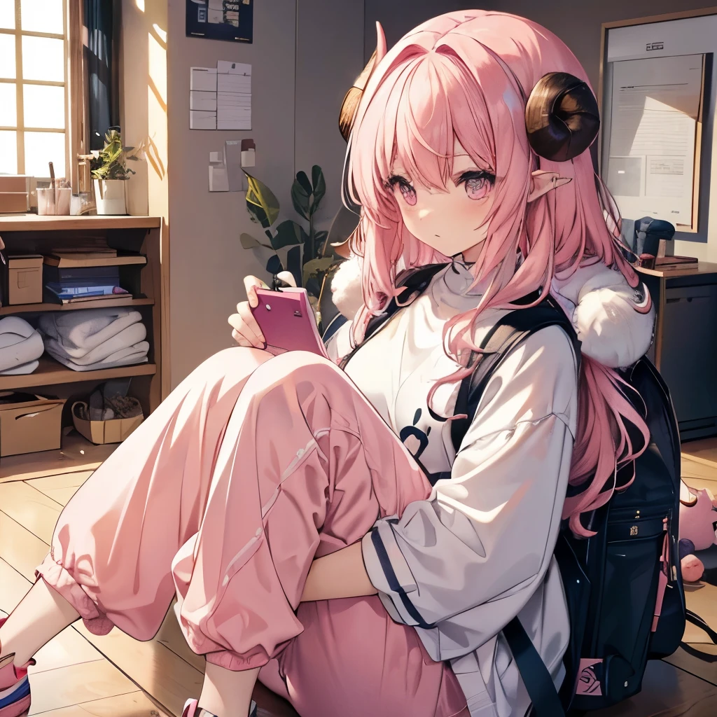 An anime-style illustration of ‘Fua-chan’ organizing the contents of a large backpack. Fua-chan has distinctive features: long pink hair styled in soft curls resembling sheep’s horns, and pink eyes. She is depicted sitting on the floor with a large open backpack in front of her, carefully sorting and arranging various items like clothes, travel gear, and essentials. Her expression is focused and diligent as she ensures everything is packed neatly. She is wearing casual, practical clothing. The background shows a cozy and well-lit room, creating a sense of preparation and organization. long pants