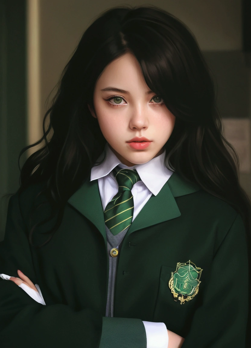 there is a young woman wearing a green tie and a green jacket, hyperrealistic schoolgirl, a hyperrealistic schoolgirl, photorealistic fan art, realistic schoolgirl, artwork in the style of guweiz, in the art style of bowater, photorealistic digital painting, hyperrealistic fantasy art, highly detailed exquisite fanart, portrait anime kaya scodelario, lips