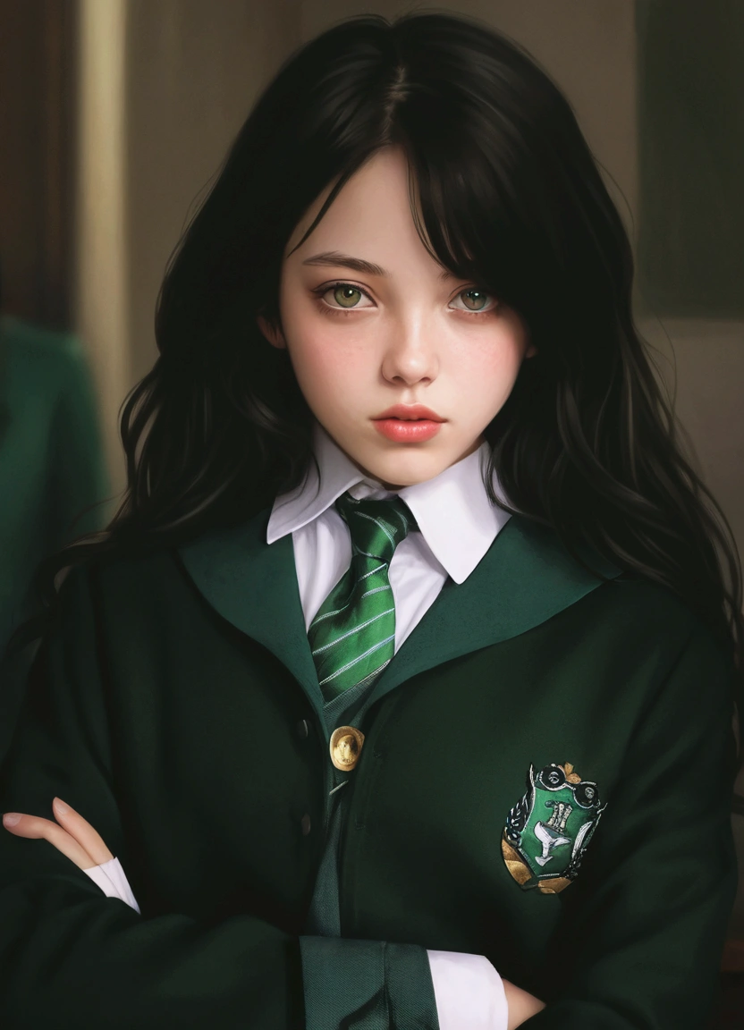 there is a young woman wearing a green tie and a green jacket, hyperrealistic schoolgirl, a hyperrealistic schoolgirl, photorealistic fan art, realistic schoolgirl, artwork in the style of guweiz, in the art style of bowater, photorealistic digital painting, hyperrealistic fantasy art, highly detailed exquisite fanart, portrait anime kaya scodelario, lips