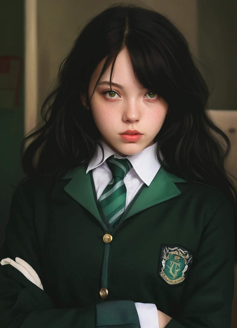 there is a young woman wearing a green tie and a green jacket, hyperrealistic schoolgirl, a hyperrealistic schoolgirl, photorealistic fan art, realistic schoolgirl, artwork in the style of guweiz, in the art style of bowater, photorealistic digital painting, hyperrealistic fantasy art, highly detailed exquisite fanart, portrait anime kaya scodelario, lips