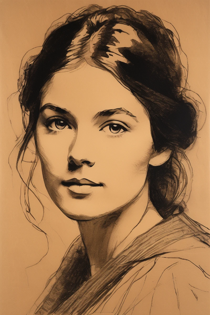 A Victorian era hand-drawn portrait of a young woman in her late 30s, Post-impressionist style, minimalist brush work, prosaic style, beautifully shaded, black ink on brown paper,