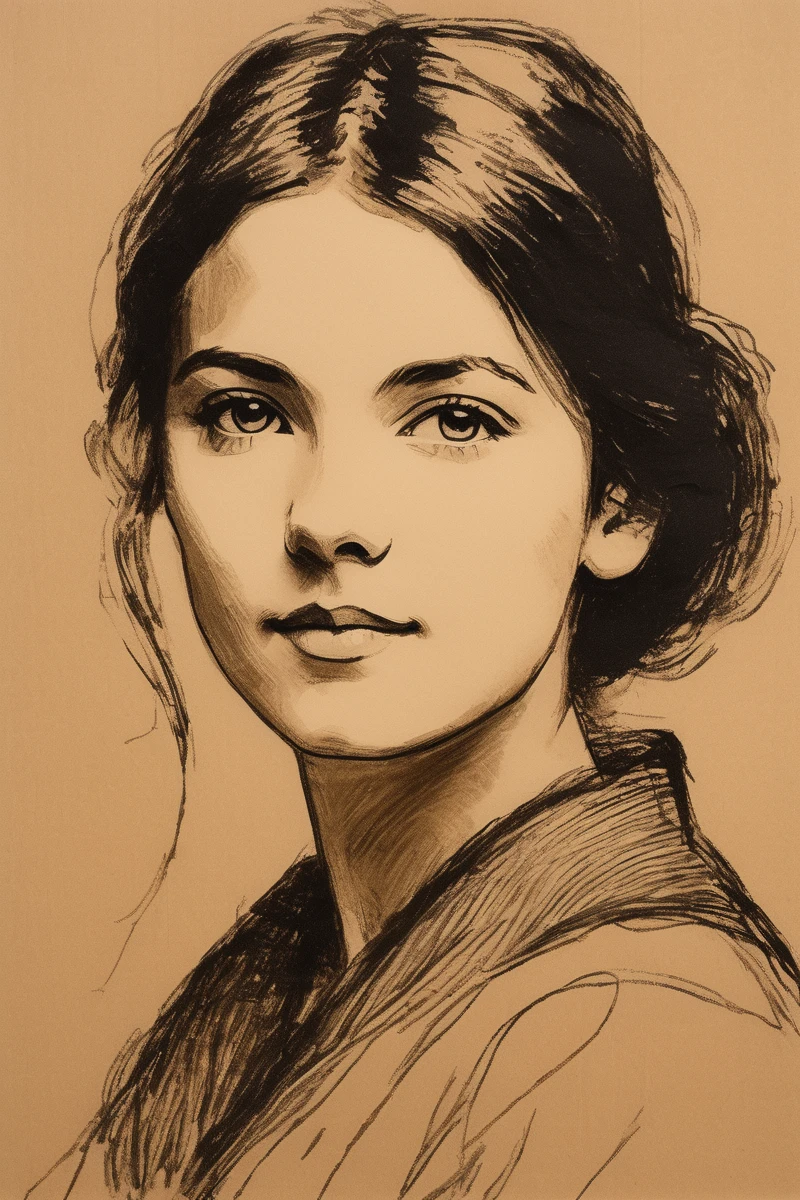 A Victorian era hand-drawn portrait of a young woman in her late 30s, Post-impressionist style, minimalist brush work, prosaic style, beautifully shaded, black ink on brown paper,