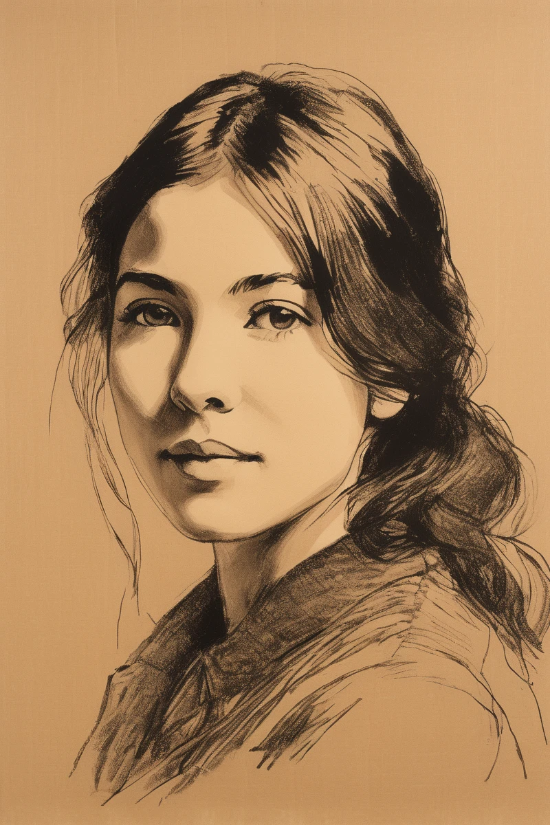 A Victorian era hand-drawn portrait of a young woman in her late 30s, Post-impressionist style, minimalist brush work, prosaic style, beautifully shaded, black ink on brown paper,