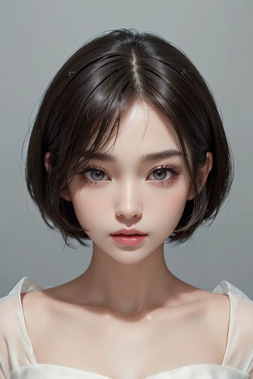 high resolution portrait。((Symmetrical and rounded facial features))、Have clear, smooth skin and a radiant complexion。(The facial features are well defined、High cheekbones、Straight nose、Characterized by plump lips。The eyes are large and expressive、Have long, thick eyelashes and perfectly groomed eyebrows)。((Her hairstyle is a pixie cut with volume on top.、It has the effect of making your face look longer vertically.))。The background is simple and elegant.、The focus is on her face.。The lighting is soft and inviting、Enhance her features、It gives a fresh impression。
