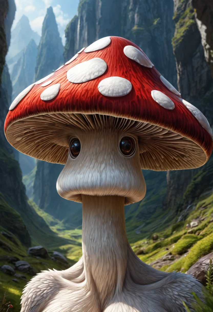 Anthropomorphic mushroom. Official Art – Charecter profile. An Award-Winning Digital Masterpiece In 4K Ultra HD, Extreme Detail And Intricate Realism. Symmetrical Face. This Concept Art Brought To Life By The Hands Of Artists Like Wlop & Artgerm In A Stunning 2D Vector Illustration.Background Is A Panoramic Vista.