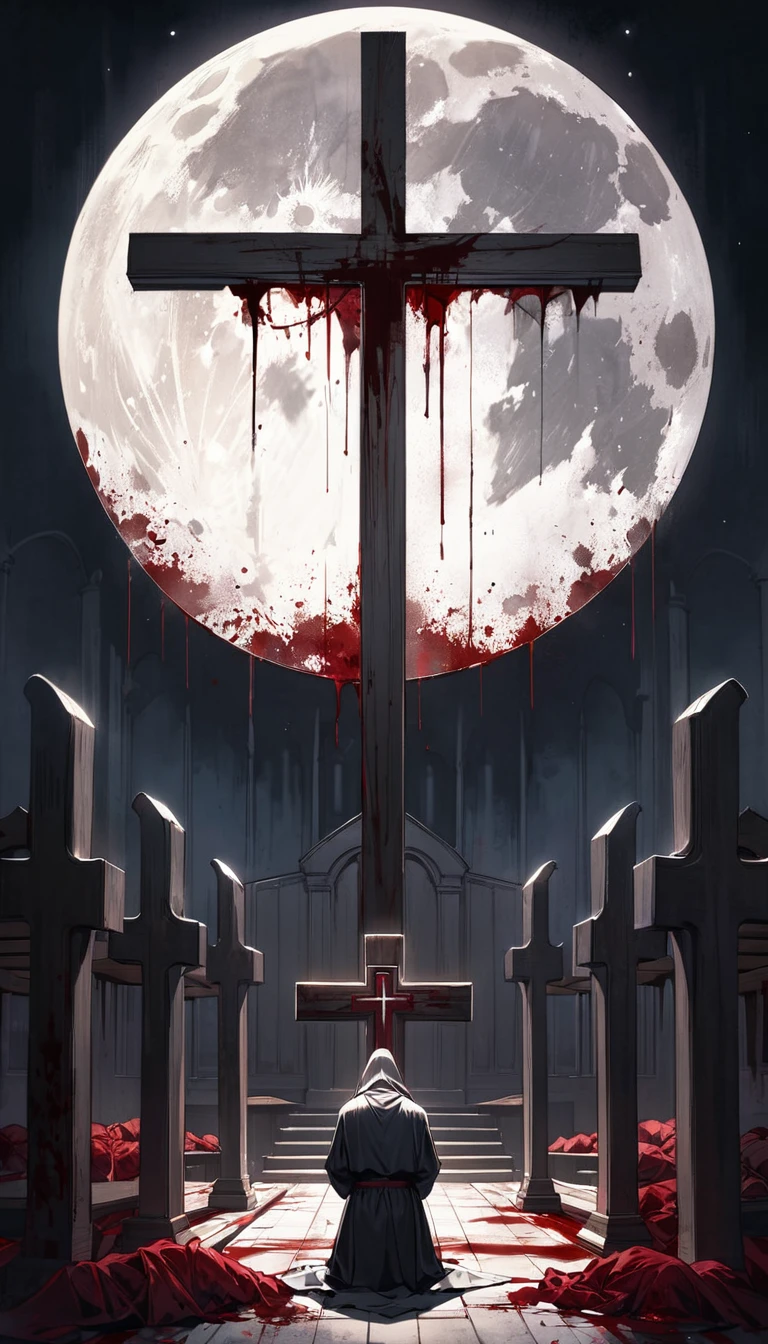 The moon can be seen from inside the church, Covered in blood, he kneels at the cross, Aesthetic moonlit scene, Silence, Repentance for the Slaughter, regret, Plea for God&#39;s mercy,