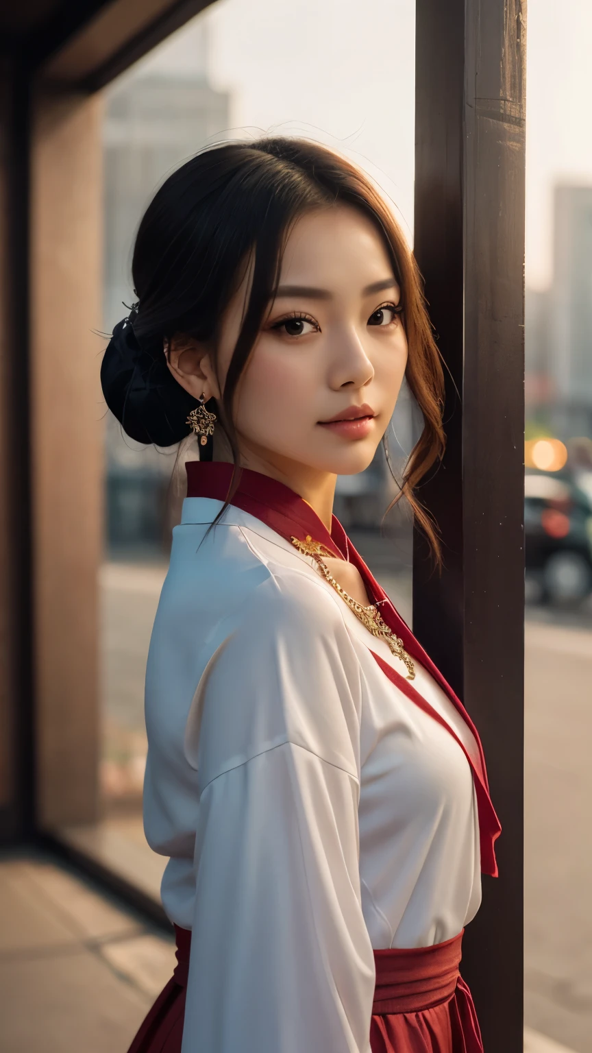 best quality, masterpiece, highres, 1girl, china hanfu,chinese architect background, red scarf, hair ornament,necklace, jewelry,Beautiful face,upon_body, tyndall effect,photorealistic, dark studio, rim lighting, two tone lighting,(high detailed skin:1.2), 8k uhd, dslr, soft lighting, high quality, volumetric lighting, candid, Photograph, high resolution, 4k, 8k, Bokeh,red dress girl