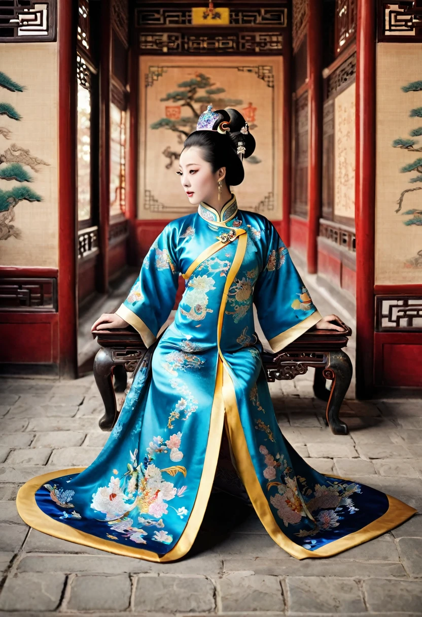 Cobblestones outside a Chinese palace during the Qing Dynasty letter M（Porn Pose） A gorgeous Chinese imperial empress with her hair tied on both sides and wearing a crown、Background of kinky and erotic woman tying her hair、The story is set in the luxurious rooms of an empress in the Chinese imperial court during the Qing dynasty.。