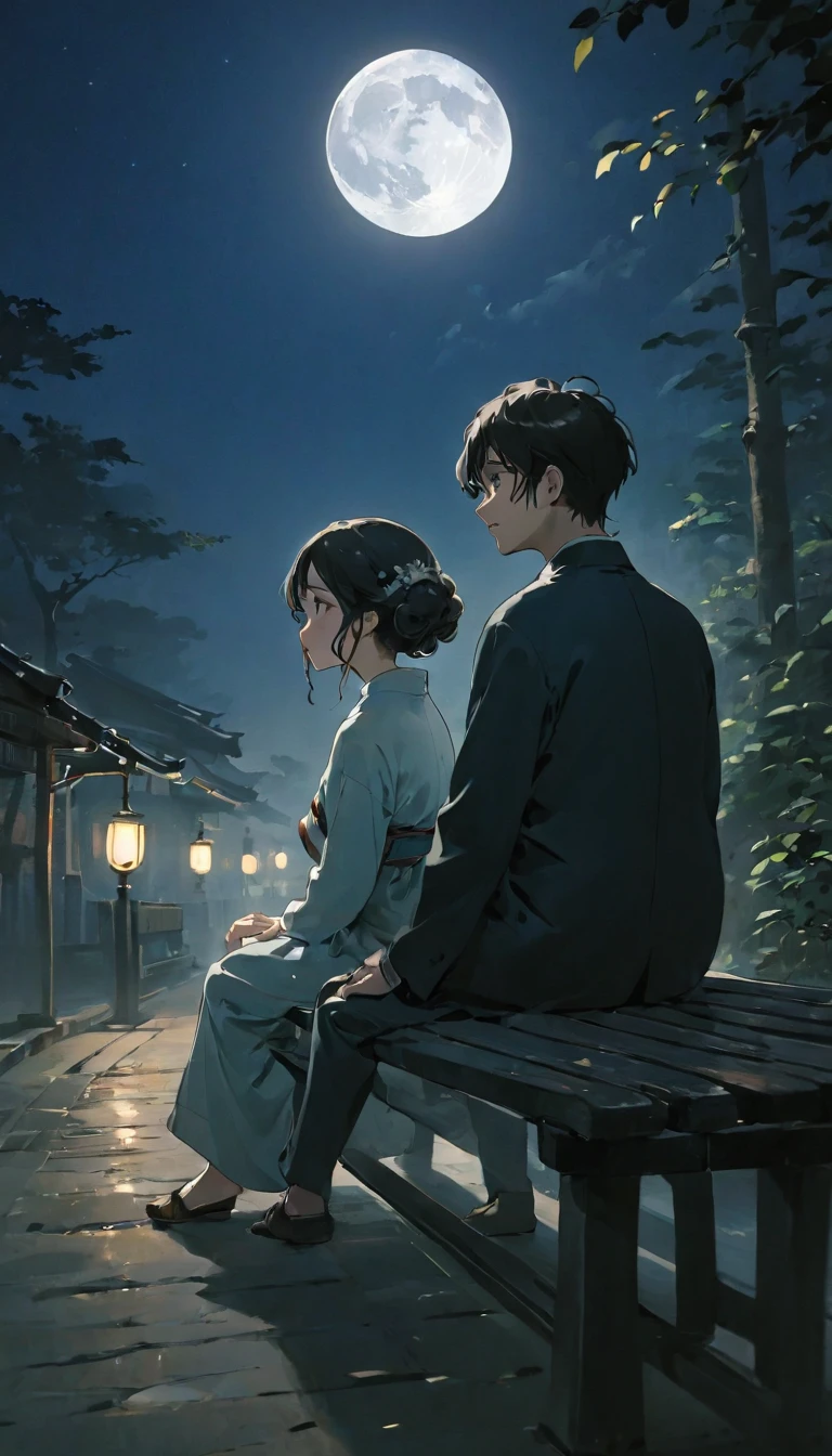 (((A man and a woman sitting on a bench:1.5)))、Highest quality、masterpiece、Takuboku Ishikawa、I hate the moon、Meiji period of Japan、Wabi-sabi art、Beautiful landscape painting、night、Night Time、(((nightの公園のTwo people sitting on a benchの男女:1.2、Two people sitting on a bench)))、(((Back viewの男女、Two people standing close together)))、Back view、美しいBack view、Back view、dark、full moonのnight、full moon、nightのベンチ、Meiji era costumes、Taisho Romance、Back viewの二人、Long Shot、Full body angle、dark照明、moonlight、