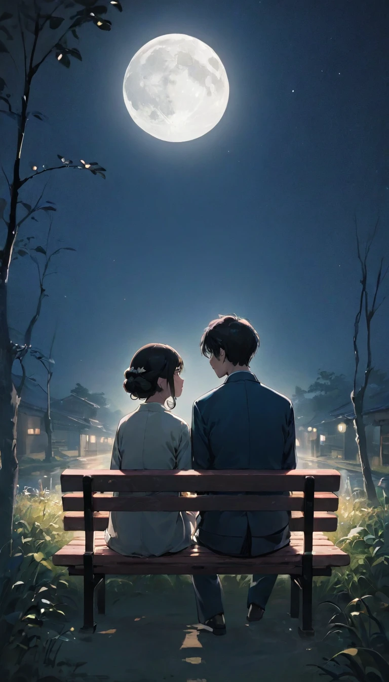 (((A man and a woman sitting on a bench:1.5)))、Highest quality、masterpiece、Takuboku Ishikawa、I hate the moon、Meiji period of Japan、Wabi-sabi art、Beautiful landscape painting、night、Night Time、(((nightの公園のTwo people sitting on a benchの男女:1.2、Two people sitting on a bench)))、(((Back viewの男女、Two people standing close together)))、Back view、美しいBack view、Back view、dark、full moonのnight、full moon、nightのベンチ、Meiji era costumes、Taisho Romance、Back viewの二人、Long Shot、Full body angle、dark照明、moonlight、