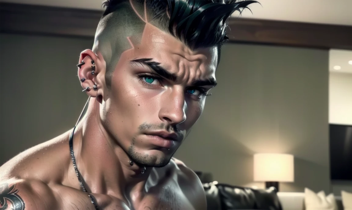 "((highly detailed, detailed eyes, detailed face, clear and realistic facial features, photorealistic, realistic light; cinematic, half-body)), ((1 man)), ((((living room background)))), (((gorgeous athletic tough bully male))), (((20-year-old punk adult male))), (((uncomfortable expression))), ((imposing pose)), ((blue-green eyes)), ((short black hair shaved sides)), (((dressed in black and leather))), ((red tint in hair)), ((nose piercing)), ((ear piercings)), eyebrow piercing)), ((standing looking down))."