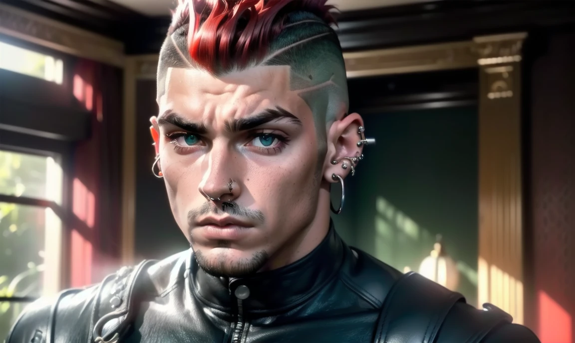 "((highly detailed, detailed eyes, detailed face, clear and realistic facial features, photorealistic, realistic light; cinematic, half-body)), ((1 man)), ((((living room background)))), (((gorgeous athletic tough bully male))), (((20-year-old punk adult male))), (((uncomfortable expression))), ((imposing pose)), ((blue-green eyes)), ((short black hair shaved sides)), (((dressed in black and leather))), ((red tint in hair)), ((nose piercing)), ((ear piercings)), eyebrow piercing)), ((standing looking down))."