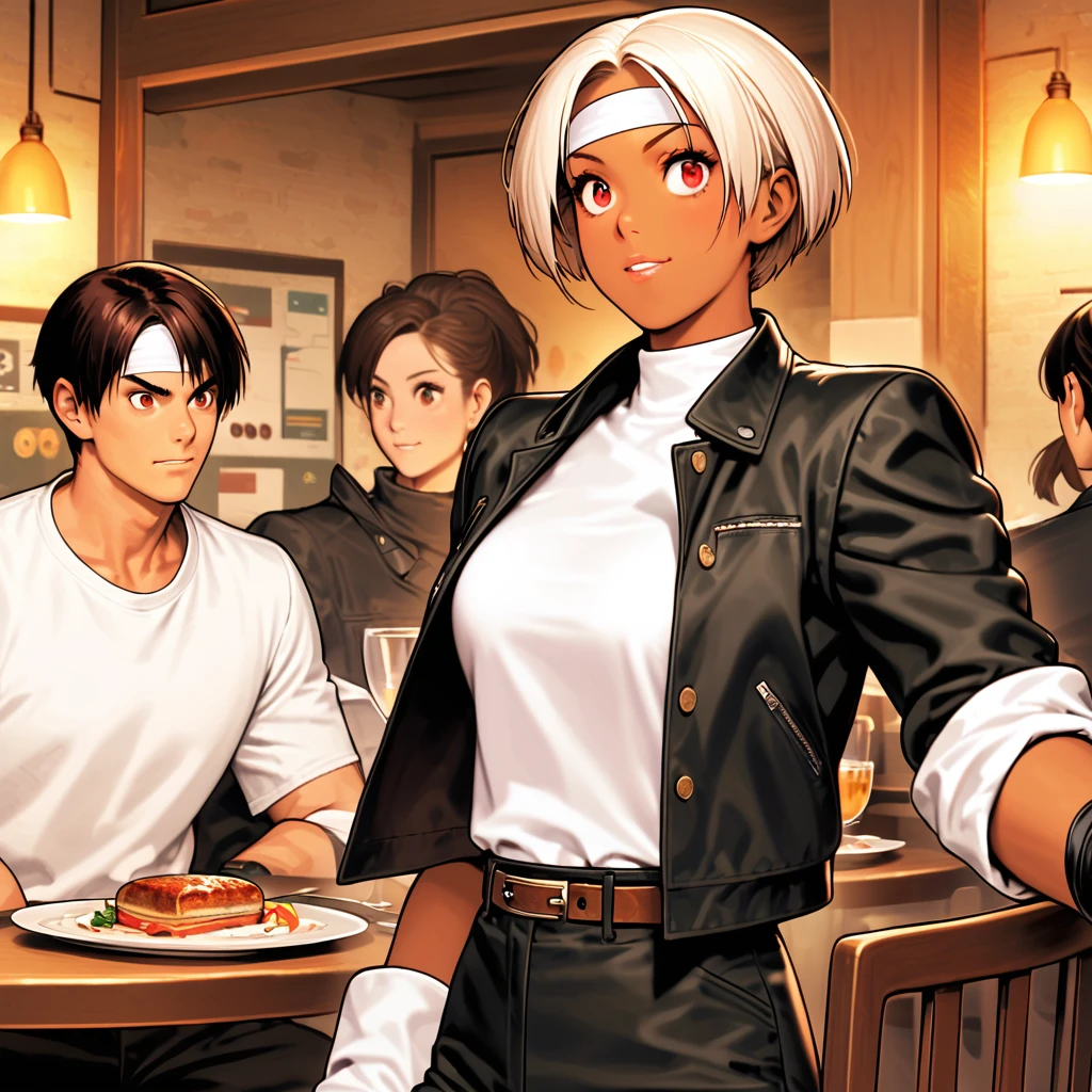 single,woman,Short Hair,Dark skin,Red Eyes,Black jacket(Roll up your sleeves),Fingerless gloves,White T-shirt、(White headband on forehead),Black trousers,White shoes,Brown belt,cute,Indoor person,indoor,Charming,Masterpiece,high quality,Narrow Face,Details,Confident and surprised expression,Dining with friends at a restaurant,busy,