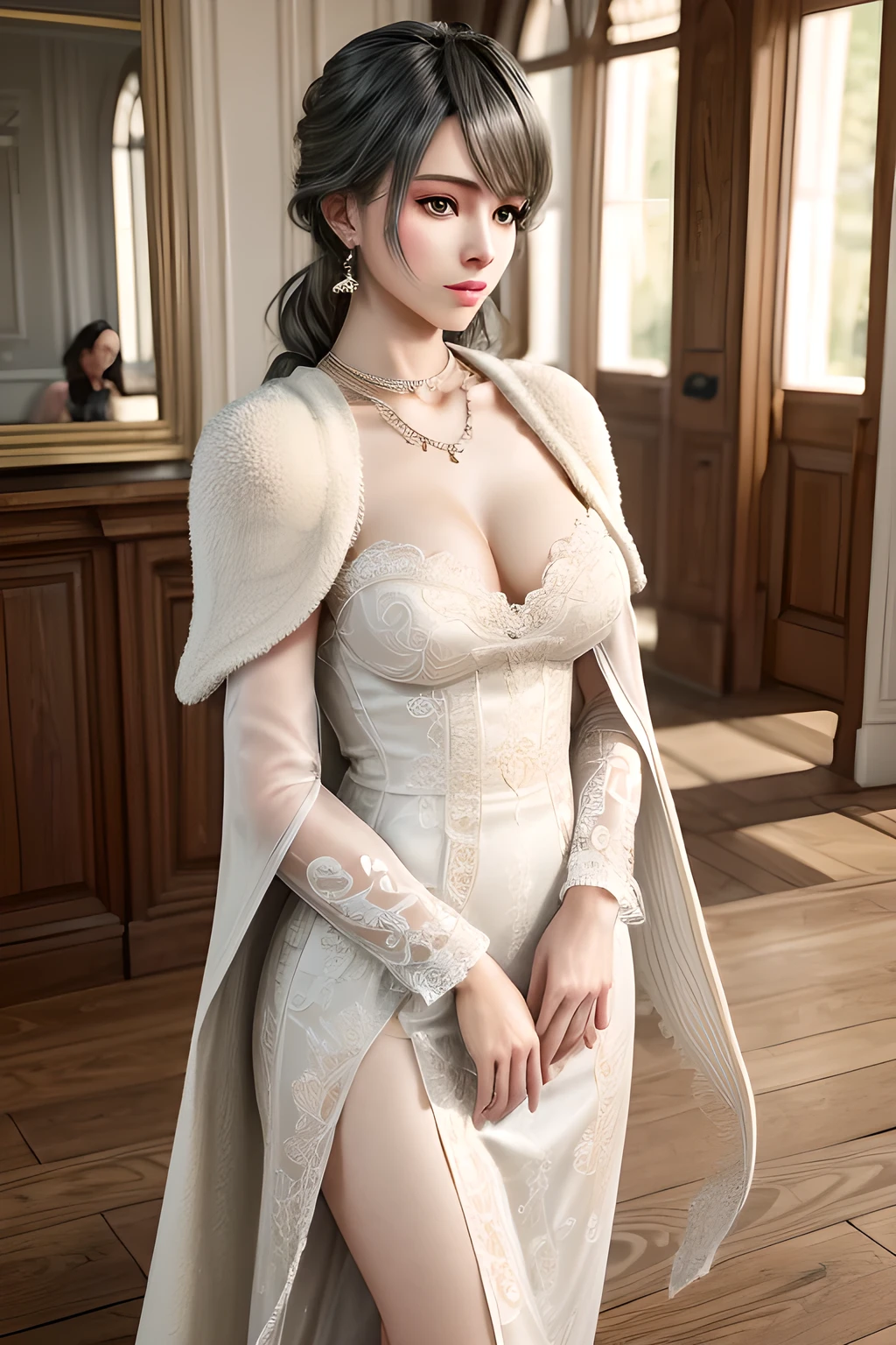 A lady with extraordinary temperament, she stands in a modern indoor space, as if she is a model from a fashion magazine. She is wearing a (pure white long fur cape), the softness and luster of which makes her look more noble under the light, and complements her (beige dress) underneath, showing her gentle temperament while maintaining a sense of fashion. The style of the dress is simple and generous, a perfect match, and it lengthens her figure, making her tall and charming. The lady's makeup is delicate and elegant, which just highlights her facial features and makes people unforgettable at first sight. Although the earrings and necklace she wears are not ostentatious, they add a bit of sophistication and nobility to her overall look. Her hair is casually draped over her shoulders, and every strand of hair exudes a natural luster,, (best quality,8k,highres,masterpiece:1.2),ultra-detailed,(realistic,photorealistic,photo-realistic:1.37),studio lighting,ultra-fine painting,sharp focus,physically-based rendering,extreme detail description,professional,vivid colors