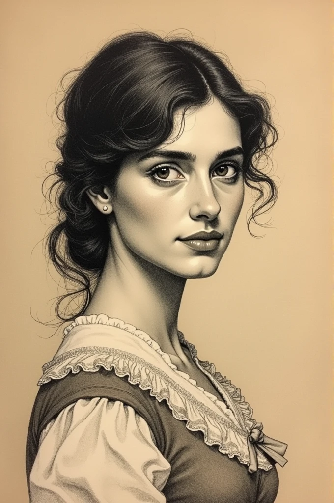 A Victorian era hand-drawn portrait of a young woman in her late 30s, Post-impressionist style, minimalist brush work, prosaic style, beautifully shaded, black ink on brown paper