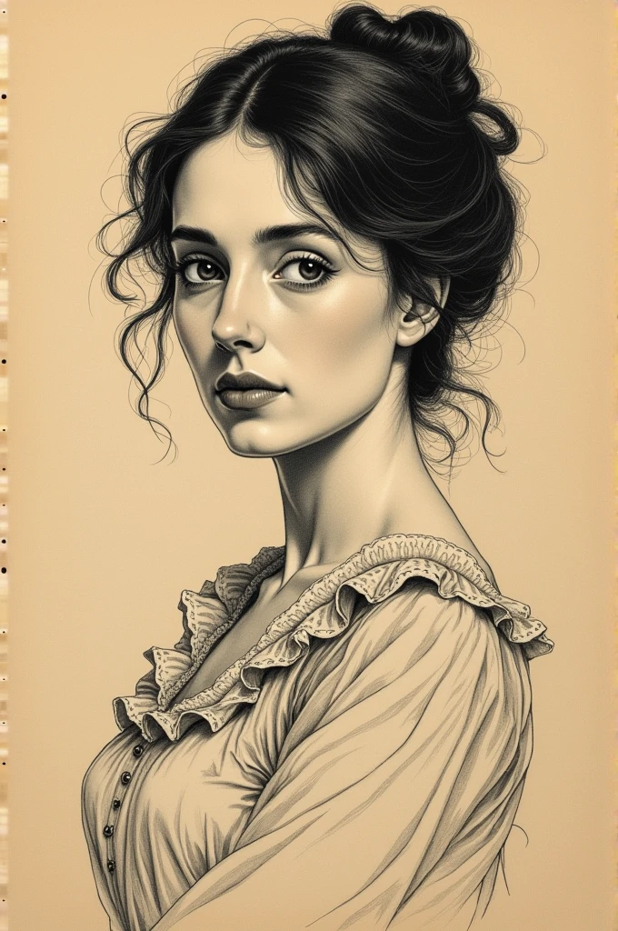 A Victorian era hand-drawn portrait of a young woman in her late 30s, Post-impressionist style, minimalist brush work, prosaic style, beautifully shaded, black ink on brown paper