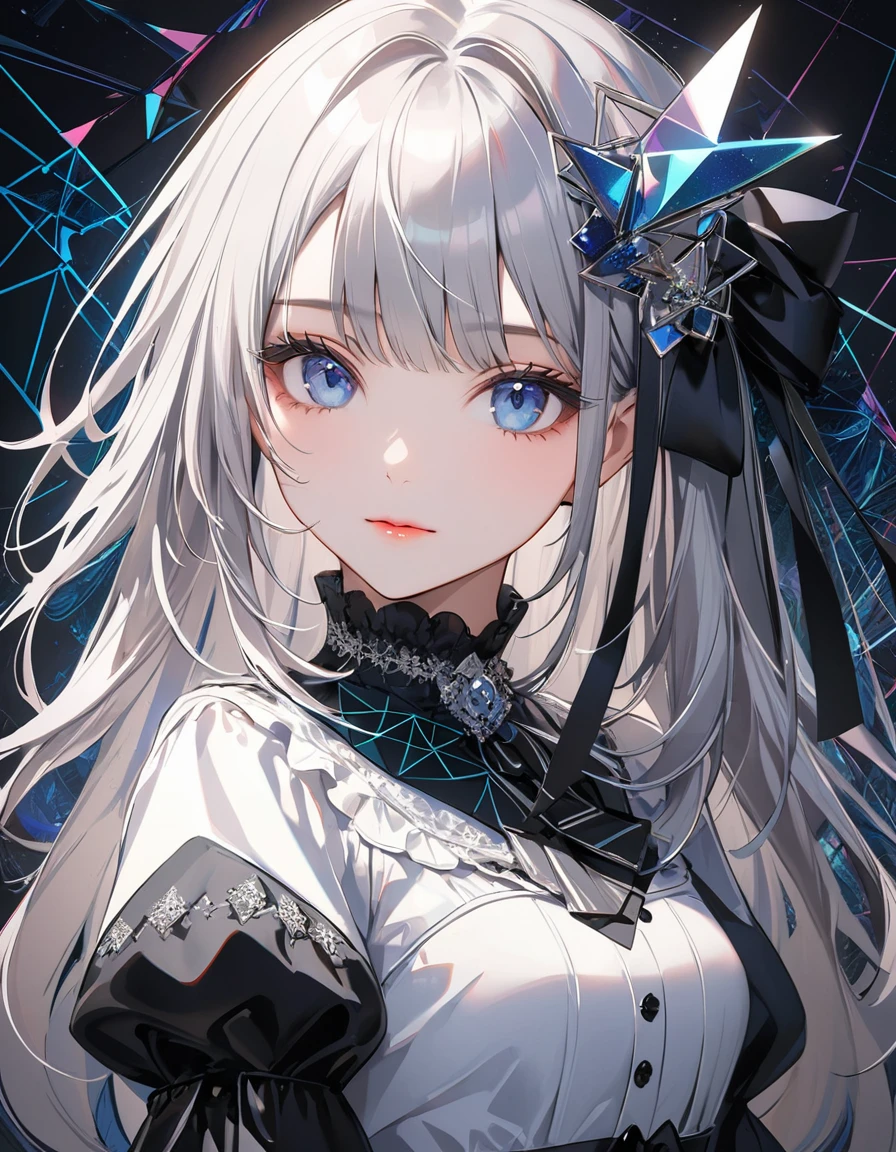 (digital art:0.5),(geometric art:1.7),(top-quality),(masterpiece),Delicately drawn face,girl with a pretty face,beautiful detailed blue eyes,Gothic Lolita Fashion,((Black and white costume)),(Beautiful silky silver hair:1.2),black ribbon hair ornament,Film Lighting,abstract,a beautiful artistic illustration,geometric background