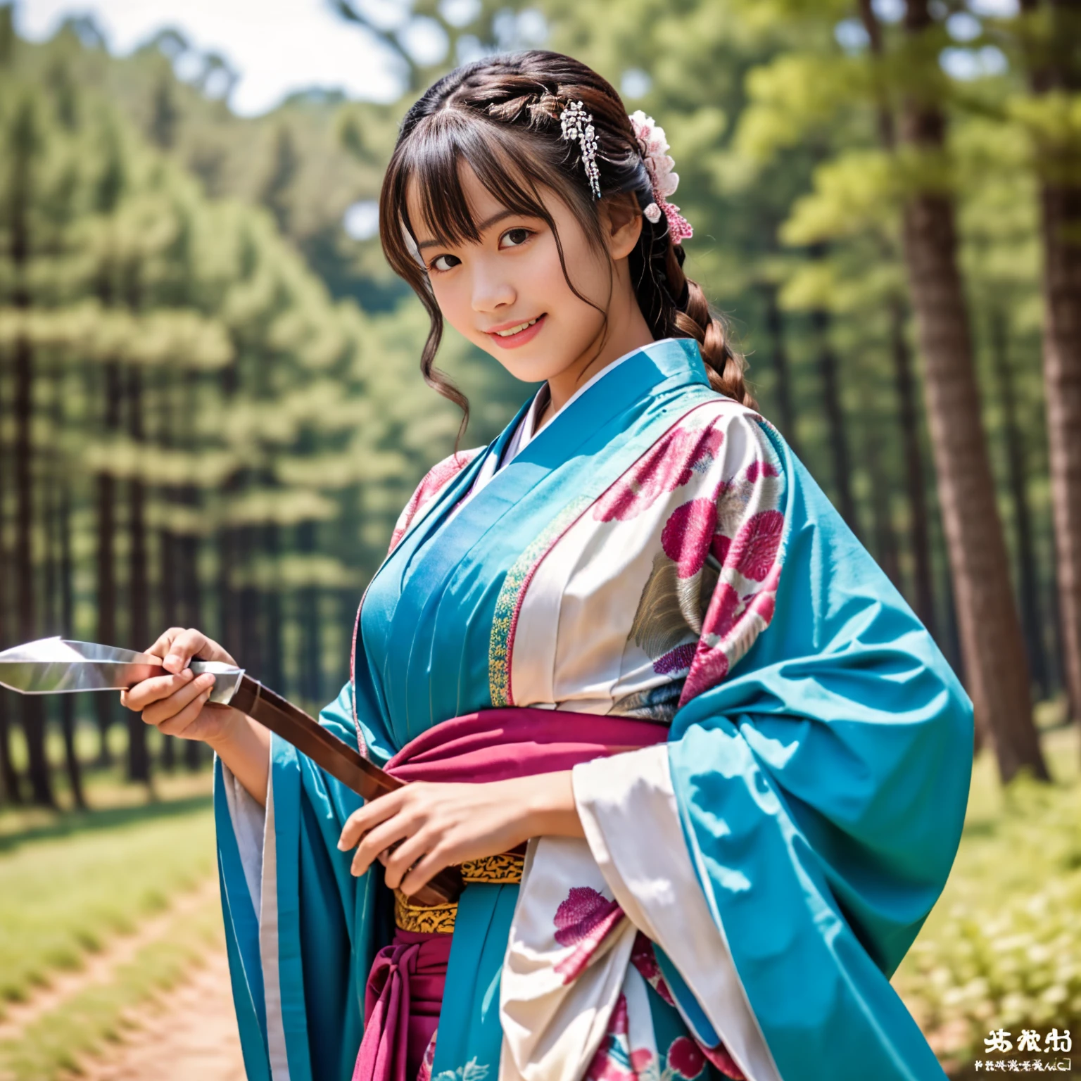 ((top quality)), ((masterpiece)), ((detailed body)), ((detailed hands)), a very beautiful girl, wearing coatime cute kimono, raising a katana sword above her head