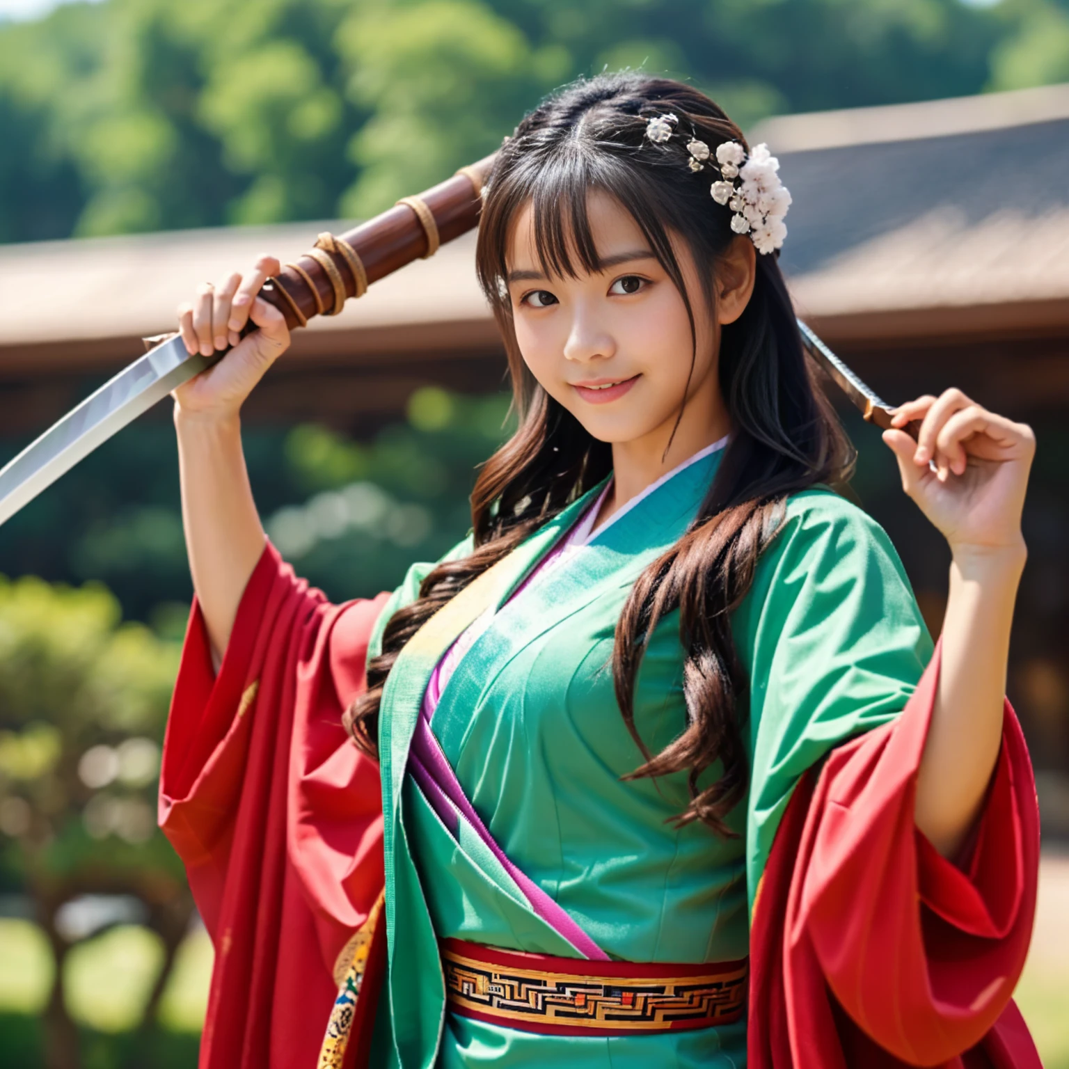 ((top quality)), ((masterpiece)), ((detailed body)), ((detailed hands)), a very beautiful girl, wearing coatime cute kimono, raising a katana sword above her head