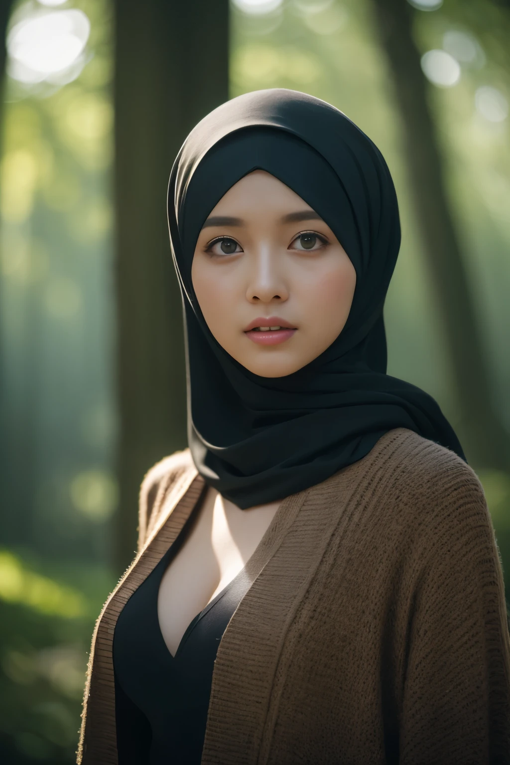 forest, highslit, javanese, (((hijabi))), cleavage, reflection light, chiaroscuro, depth of field, cinematic lighting, ray tracing, Sony FE GM, UHD, super detail, masterpiece, textured skin, high details, best quality, award winning,3D,hdr(HighDynamicRange),Ray tracing,NVIDIA RTX,Hyper-Resolution,Unreal 5,Subsurface scattering、PBR Texture、post-proces、Anisotropy Filtering、depth of fields、maximum definition and sharpness、Many-Layer Textures、Albedo e mapas Speculares、Surface coloring、Accurate simulation octane rendering of light-material interactions、Two-colored light、largeaperture、Low ISO、White balance、the rule of thirds、8K raw data