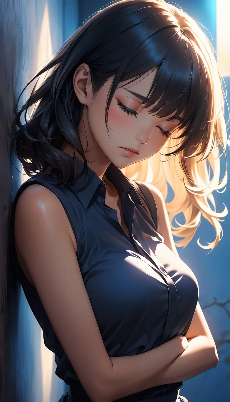 Create an intense, evocative portrait in the Japanese retro anime style of the 80s and 90s. The scene features a woman bathed in deep blue light, leaning against a wall with her arms raised, eyes closed in a moment of raw emotion. Her attire is minimal, accentuating the curves of her body and the dramatic shadows cast by the lighting. The background is stark, with sharp contrasts highlighting the contours of her form. The blue and black palette intensifies the mood, evoking a sense of mystery and allure. Subtle film grain and meticulous shading add depth and texture, emphasizing the emotional gravity of the scene. The lighting creates a chiaroscuro effect, accentuating her expressive pose and the intense atmosphere.