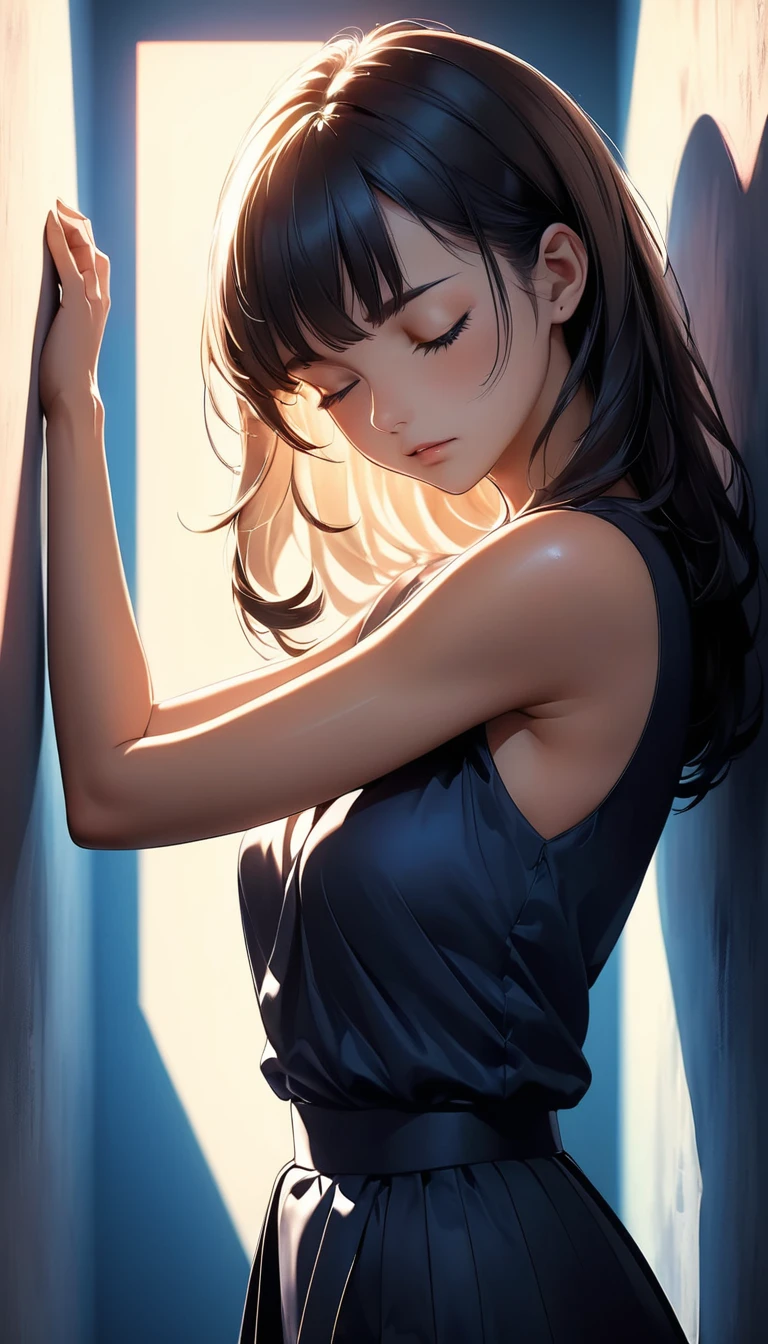 Create an intense, evocative portrait in the Japanese retro anime style of the 80s and 90s. The scene features a woman bathed in deep blue light, leaning against a wall with her arms raised, eyes closed in a moment of raw emotion. Her attire is minimal, accentuating the curves of her body and the dramatic shadows cast by the lighting. The background is stark, with sharp contrasts highlighting the contours of her form. The blue and black palette intensifies the mood, evoking a sense of mystery and allure. Subtle film grain and meticulous shading add depth and texture, emphasizing the emotional gravity of the scene. The lighting creates a chiaroscuro effect, accentuating her expressive pose and the intense atmosphere.
