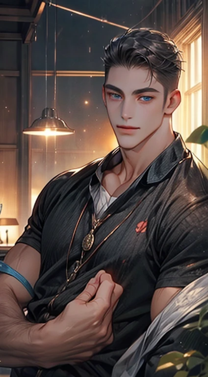 (best quality,4k,8k,highres,masterpiece:1.2),ultra-detailed,(realistic,photorealistic,photo-realistic:1.37),1 man,31 years old,mature man,very handsome,without expression,smile,short grey black hair,blue eyes,penetrating gaze,perfect face without errors,imposing posture,businessman,office background,cinematic lighting,hdr image