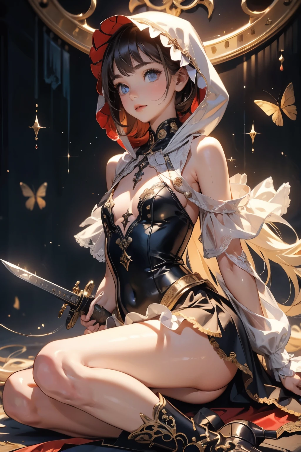 (((masterpiece, of the highest quality, super detailed))), (a female knight of an occult order), (an occult saint), (combat pose), (ready for combat), (resolved expression), (resolute expression), (((a beautifully intricate ornate sword floating next to her))), Edwardian/Victorian era inspired, ((minimal but intricate beautiful armour)), ((Fluttering lace flared dress with frilly petticoats)), ((((Highly detailed face))), (((Very sharp focused eyes))), very long eyelashes, ((small breasts)), (((flat chest:1.1))), occult aesthetic, (red and white clothing detailed and intricate steampunk and detailed gothic), (with a hood), complex lace boots, (full body)