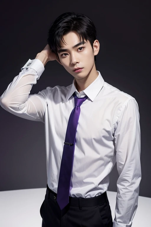 solo , 1man , thai man Short hair , white shirt with collar , purple necktie , black Long pants , Standing , hand on head