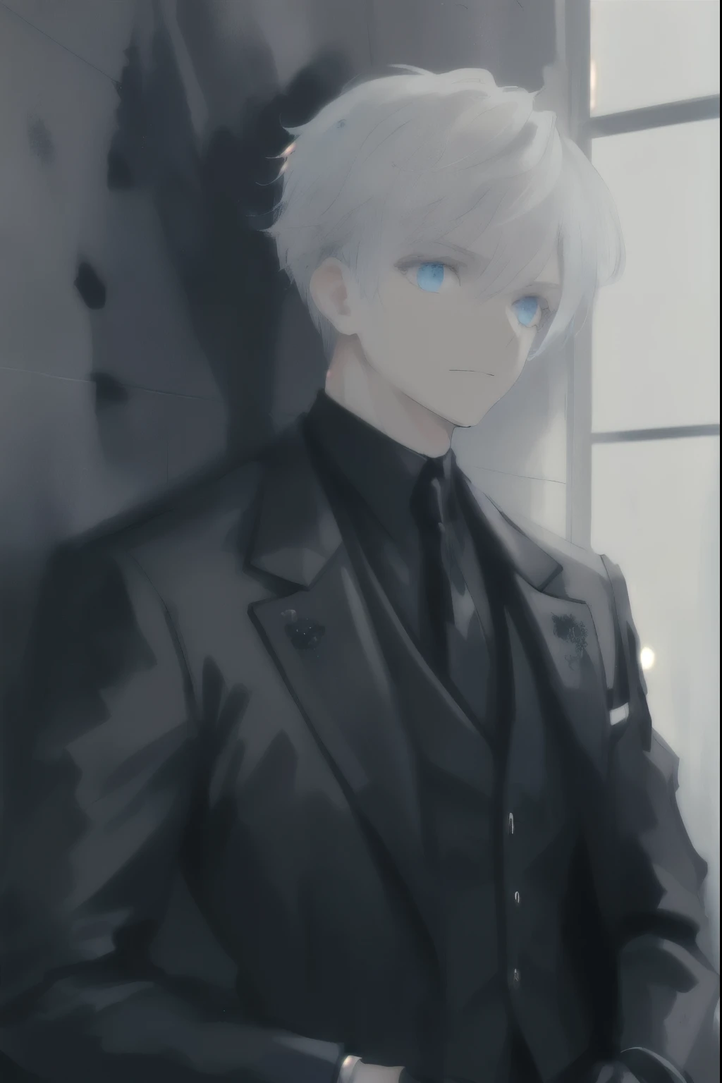 (Highest quality:1.3), cinematic shot, masterpiece, (sharp focus:1.5), (photorealistic:1.3), 1boy, medium portrait of (gojo saturo, standing, deadly blue eyes ,super detailed, highlighted white hair, wearing black formal suit, a few torches burn on the walls, giving , but sculpting the forms in sharp chiaroscuro), it is night time, (highly detailed skin), (detailed face),(portrait),(calm body gesture), detailed background, dark lighting, twilight lighting, volumetric lighting, intricate details, UHD, 8k,colorful illustration,(front view).