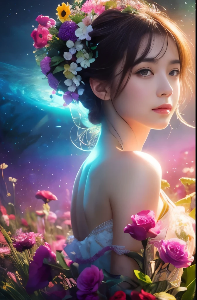 masterpiece, (Highest quality), ((Most detailed,Ultra high definition)), Depth of written boundary, Beautiful girl, Beautiful Face, nature, Spirit, flower, Colorful landscapes, Flowers, Glowing Dress, element, Special Art,