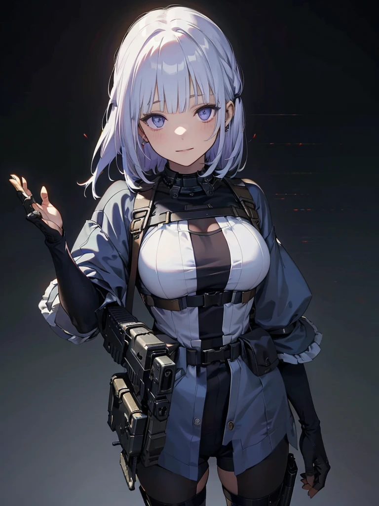 RPK-16,Shooting guns, Hair is blue, In the spotlight, The background is a dark and desolate landscape, Horror movie atmosphere. Her figure is very beautiful, Emphasizing the dark and crazy elements. Skillfully expressing the effects of light and shadow, detailed, The face and expression of the black costume are also carefully drawn.....,(Tilt your head:1.2), ([sketch|watercolor \(Moderate\)]:1.15),Chaotic abstract background, Vector Trace, Gradient blending and whole body, Artistic elements add depth to the work. The overall atmosphere is creepy and nightmarish....., With a unique artistic touch. This movie is、The dark and crazy world of horror movies depicted in HD., Evoke visual stimuli and aesthetic sense,((masterpiece_Portraiture)),(beautiful girl),(Pixiv),(Fantasy)