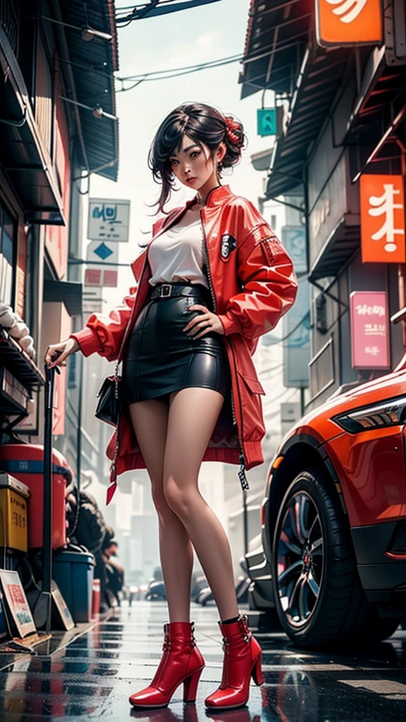 A woman in a short skirt and jacket posing for a photo., cyberpunk art by Raymond Han, Trends in CG society, Digital art, Chinese woman, korean girl, beautiful asian woman, asian woman, young asian girl, attractive girl, beautiful asian woman, korean woman, Chinese woman, beautiful south korean woman, gorgeous young korean woman, beautiful young korean woman, asian woman